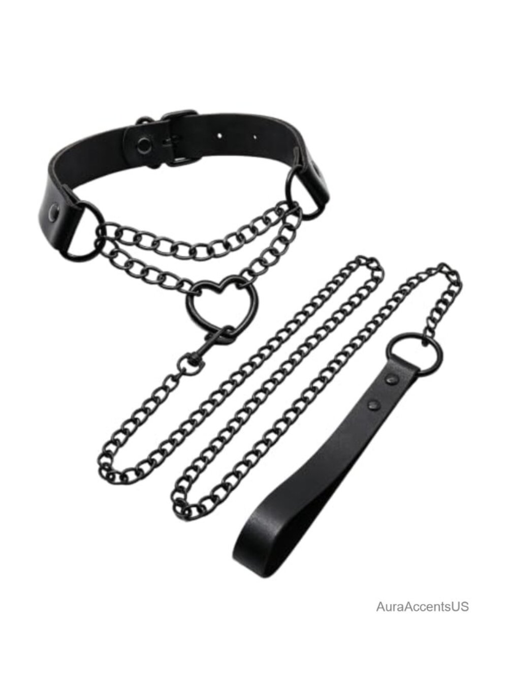 Gothic Heart Chain Collar Necklace with Leash, Vegan PU Leather, Punk Emo